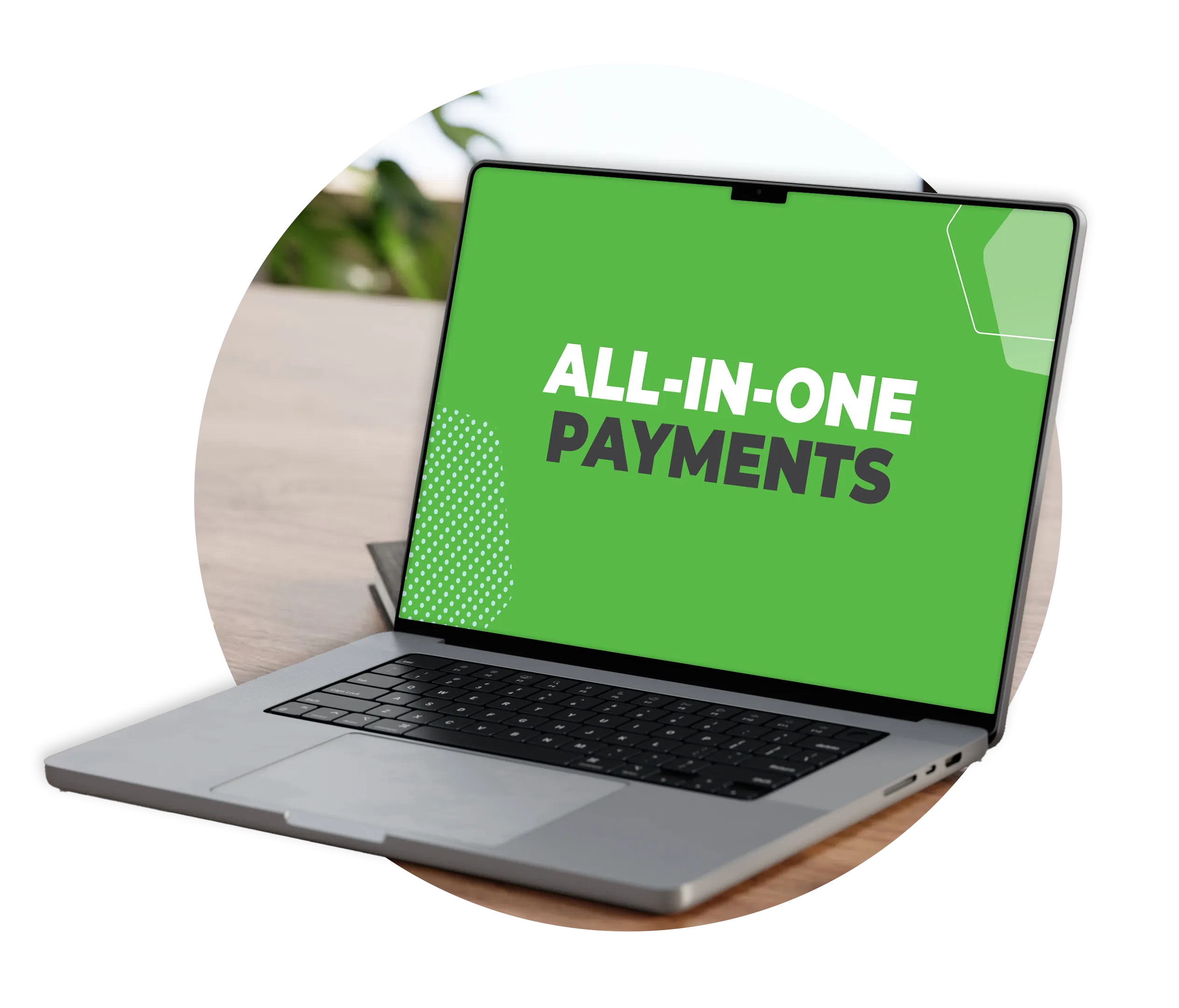 Laptop screen with all-in-one payments text and Ezidebit branding.